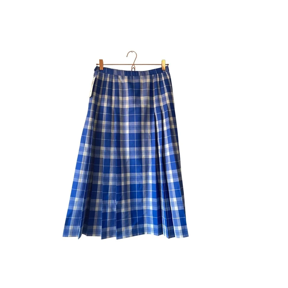 NWT Pendleton Blue White Plaid Pleated Midi Skirt 100% Virgin Wool USA Size 8